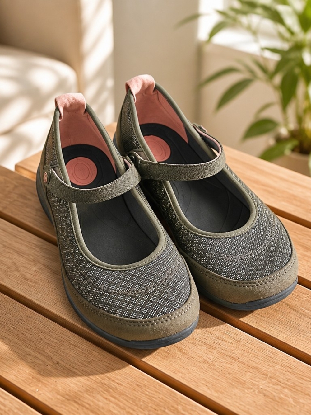 Teva Olive Green Mary Jane Flats with Pink Heel Tab